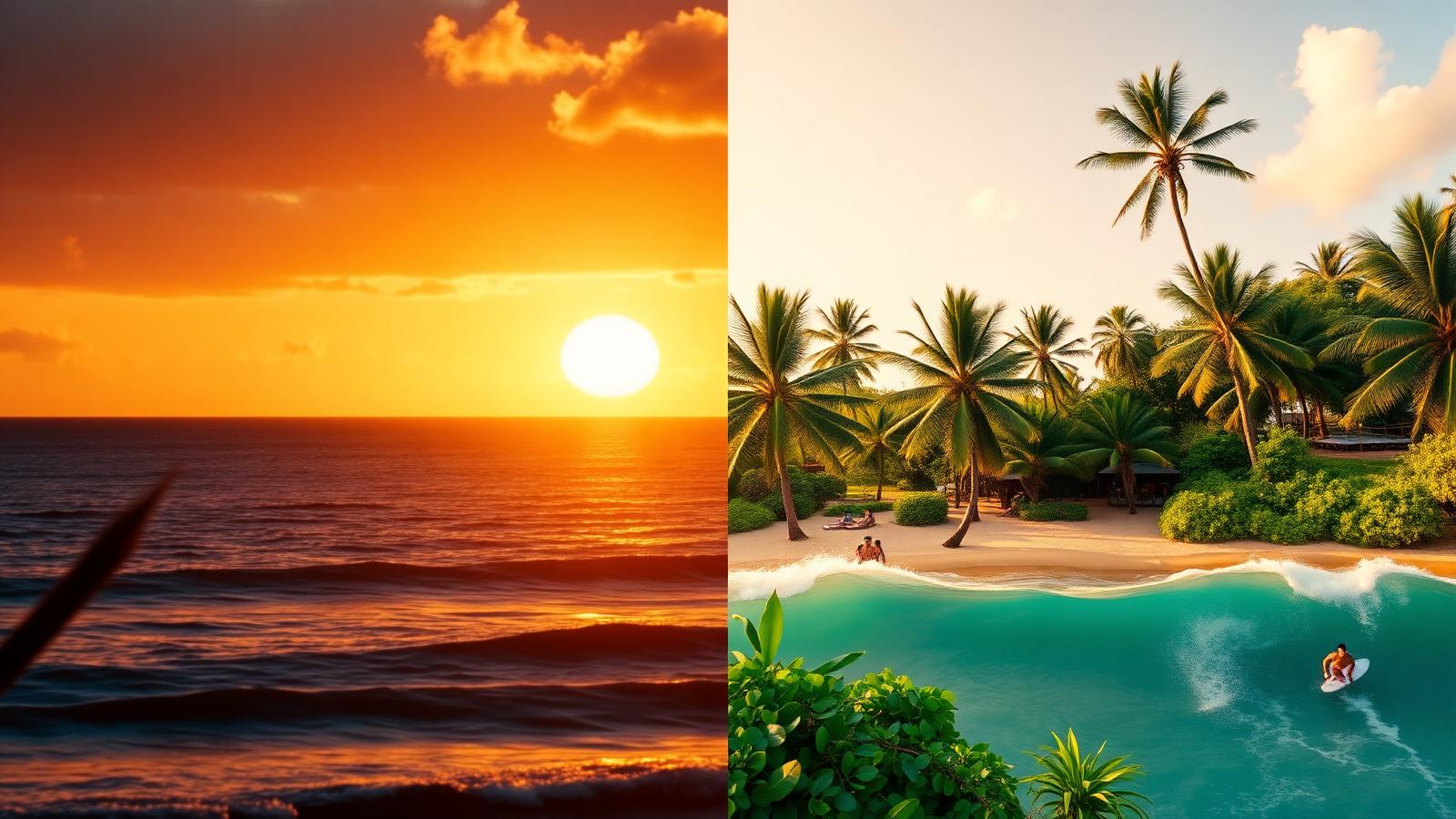 Split-screen cinematic image of a Hawaiian sunset ocean and a bright tropical beach with palm trees and surfers