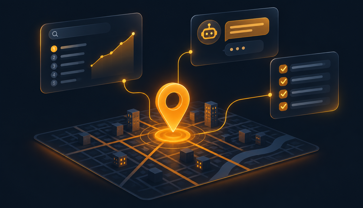 Illustration of a glowing amber map pin over a dark navy city grid, connected to panels showing search rankings, an AI chat response, and a completed checklist