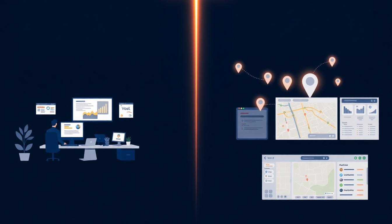 Split-screen comparison of a general digital marketing agency workspace and a focused local ranking command center with maps and AI visibility signals, on a dark navy background