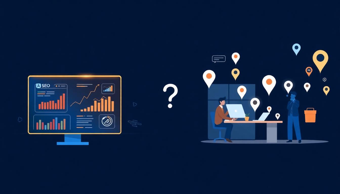 Split-screen illustration showing a local SEO analytics dashboard on one side and a service team managing citations and map pins on the other, with a question mark in the center, on a dark navy background