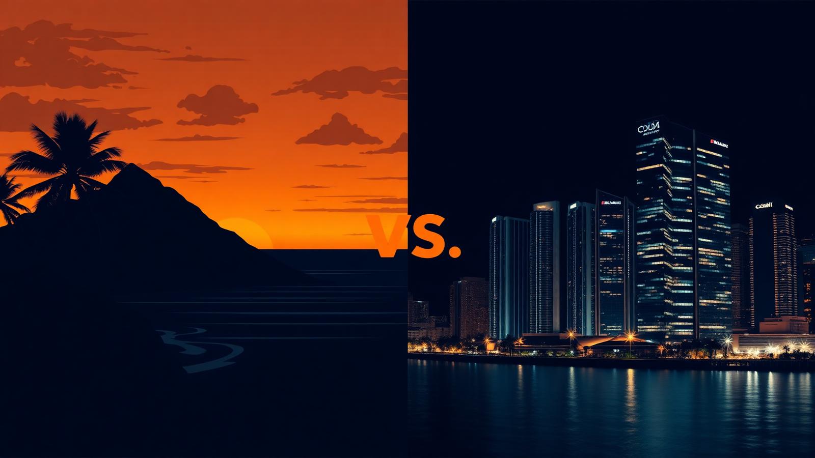 Split-screen editorial illustration comparing a Hawaii coastline with a mainland corporate skyline for a local SEO and paid ads agency comparison