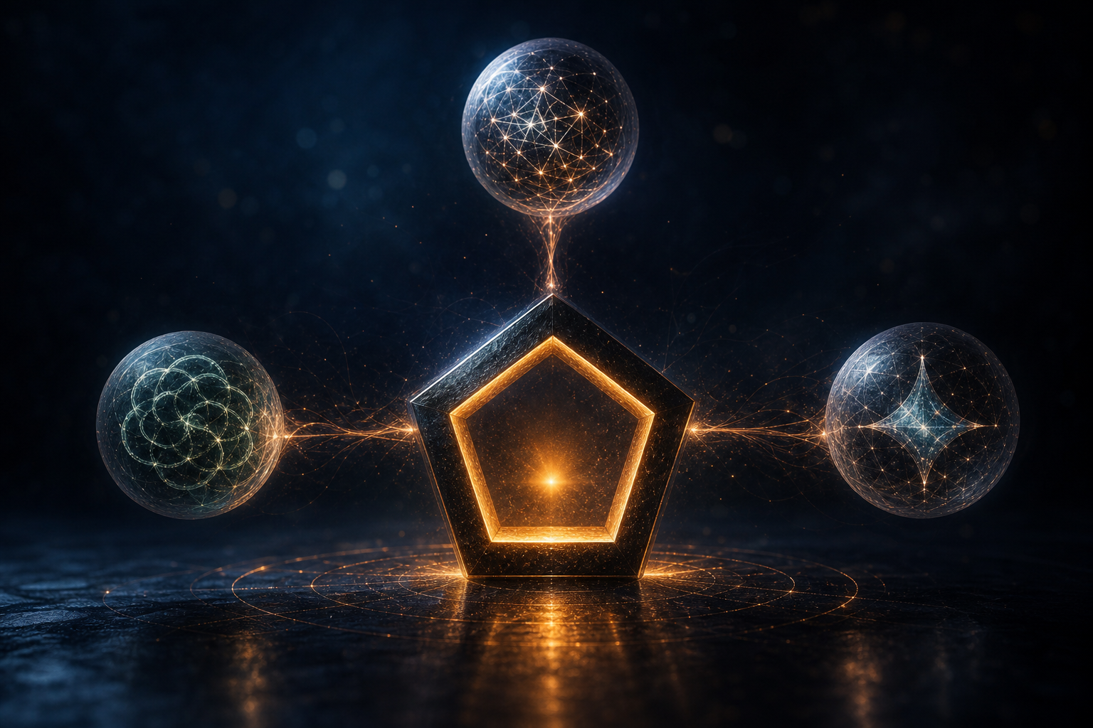 Cinematic dark editorial visualization of a glowing pentagon connected to three AI platform orbs through luminous data streams, representing Pentagon Air's AI authority dominance