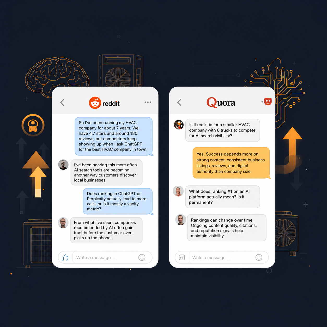 Reddit and Quora style Q&A interface about AI search ranking trust for HVAC businesses